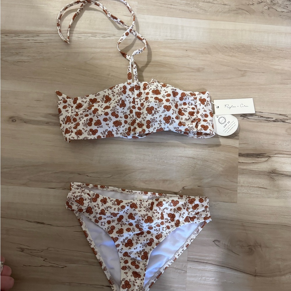 Rylee + Cru White Floral Bikini with Rust Brown Flowers